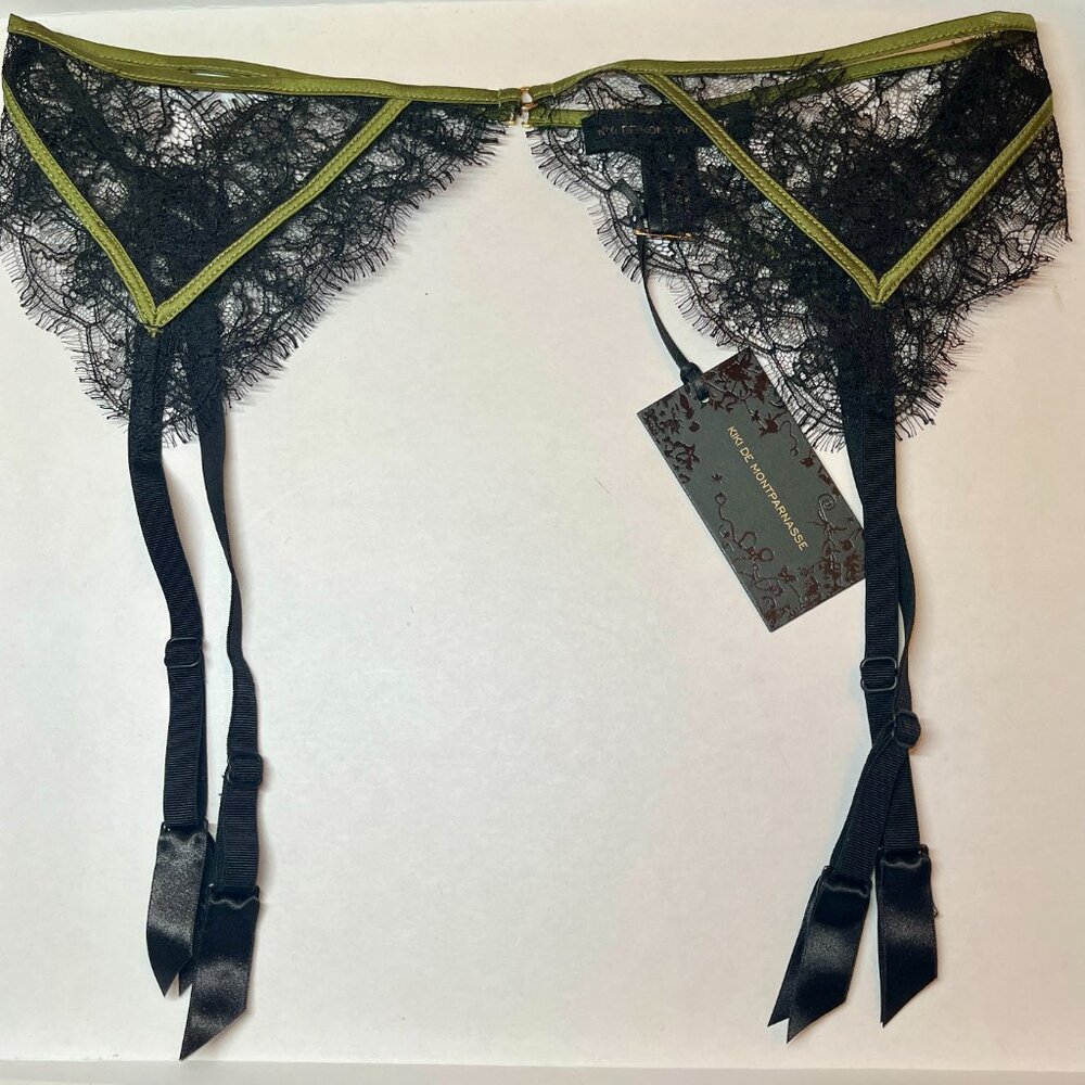 Kiki de Montparnasse Lace Inset Garter Belt Black/Verte size Small New With Tags
